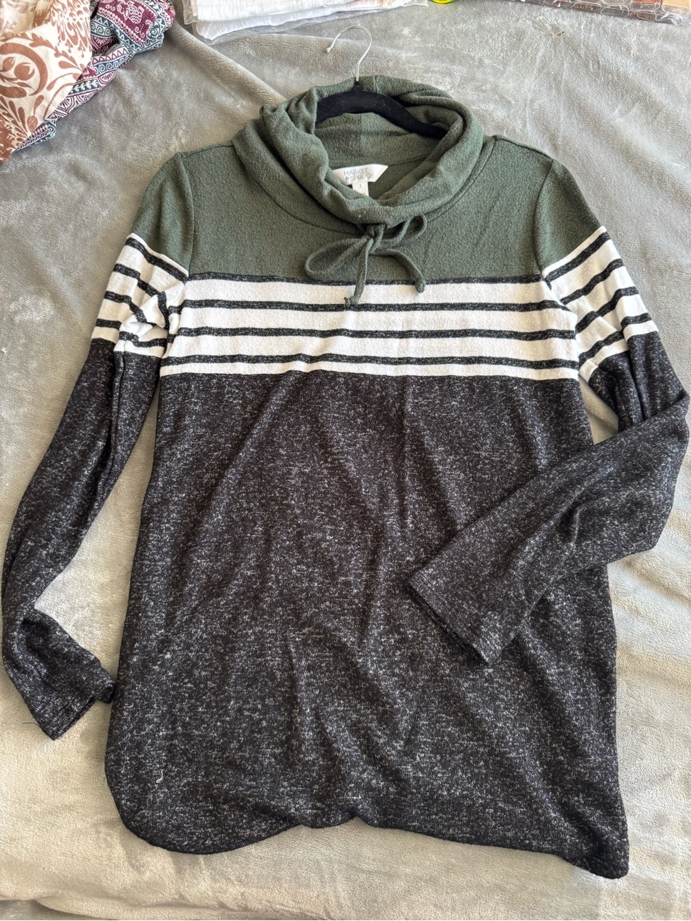 Market & Spruce Olive Green, White & Charcoal Striped Cowl Neck Sweater